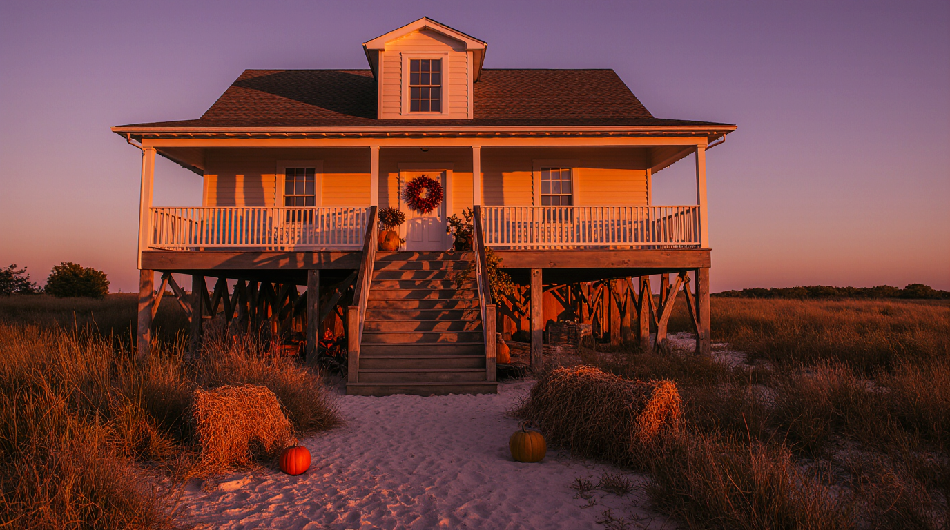 Elevated Gulf Coast beach house at sunset with fall decorations, including pumpkins, hay bales, and a red wreath on the front door, surrounded by tall grass and lit by golden-hour light.