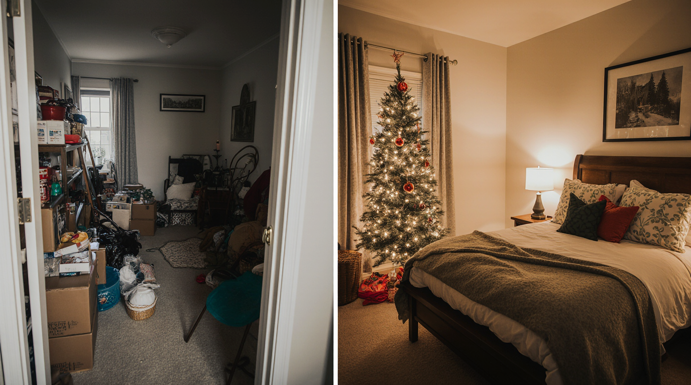 Side-by-side comparison of a guest bedroom before and after holiday decluttering. The left side shows a cluttered room filled with boxes and miscellaneous items, while the right side displays a warm, cozy bedroom decorated with a Christmas tree, soft lighting, and clean bedding.