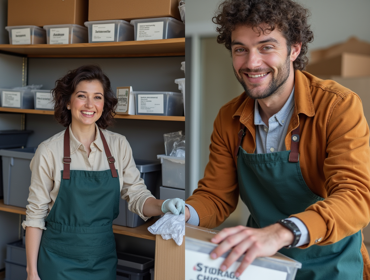Two cheerful online business owners organize and manage their product inventory in a self-storage unit, using labeled bins and clear shelving. Dressed in aprons and surrounded by neatly packed supplies, they represent the growing number of e-commerce entrepreneurs who rely on Storage Choice to keep their businesses running smoothly. The scene showcases a bright, clean, and efficient workspace—highlighting how storage units can double as affordable, professional inventory solutions.  Perfect for blog posts, social media, or promotional materials aimed at small business and online sellers!