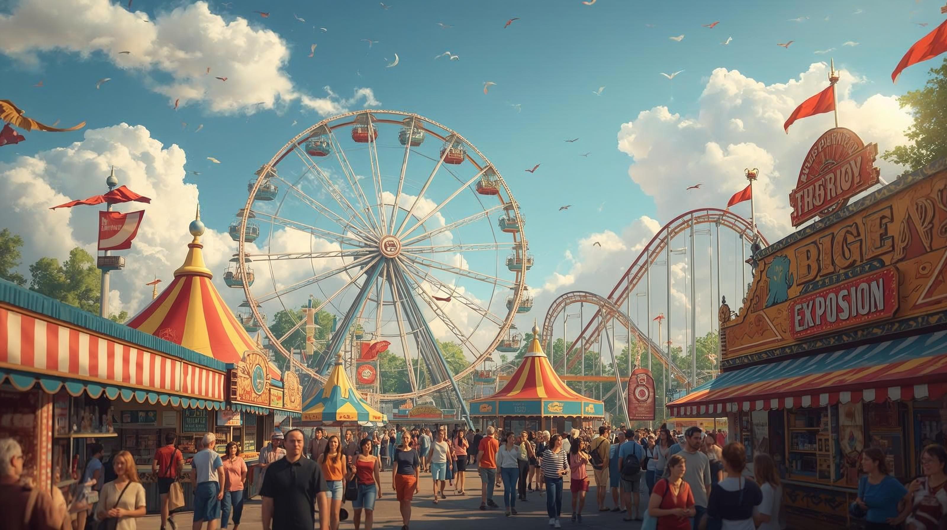 Crowds at The Big E Fair with Ferris wheel, roller coaster, and colorful tents under a blue sky.