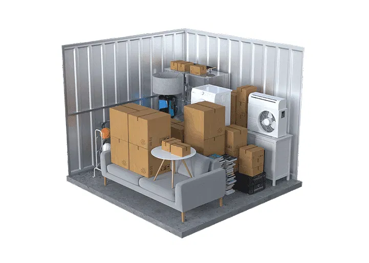 10x10 storage unit holding a sofa, coffee table, washer, air conditioner, and stacked boxes