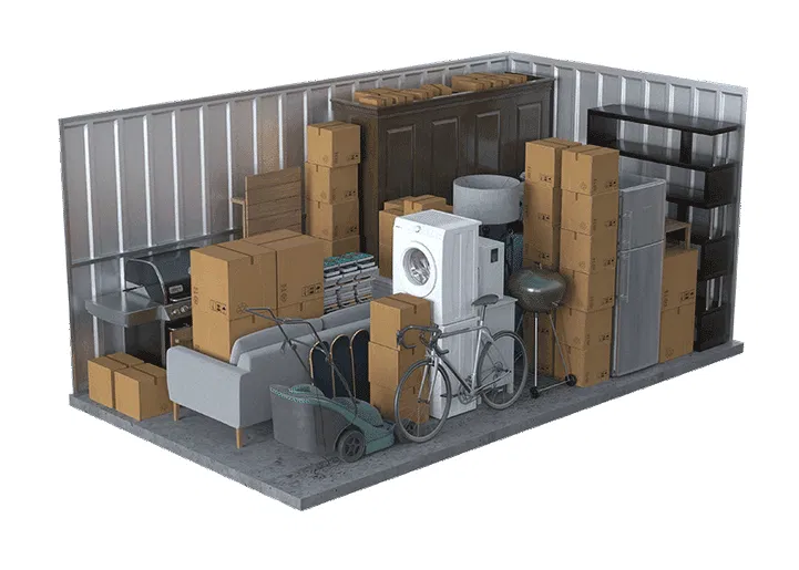10x20 storage unit holding a full household of furniture, appliances, a bicycle, a mower, and boxes