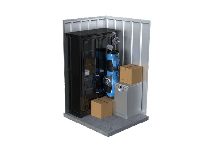 5x5 storage unit holding a cabinet, golf clubs, boxes, and a small appliance