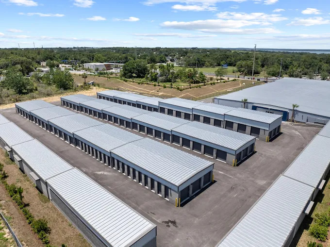 Drone view of the drive-up storage buildings and paved drive aisles