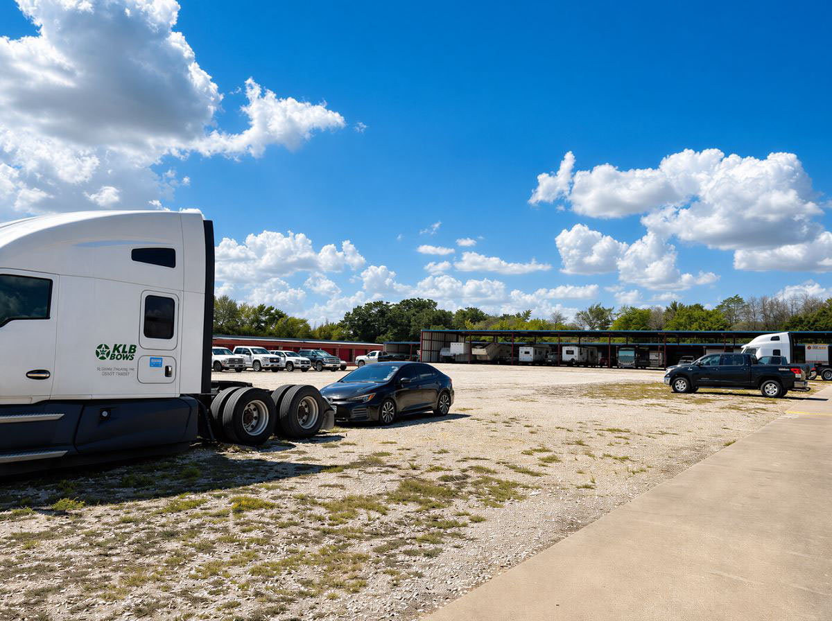 Semi truck and cars in uncovered parking
