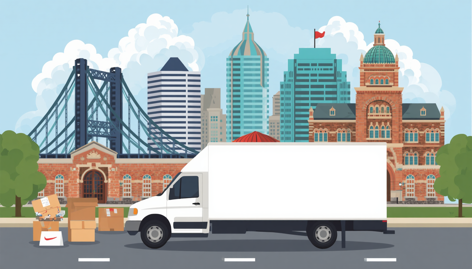 Moving truck with boxes in front of Louisville skyline