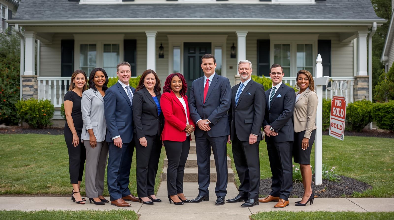 Group of real estate agents standing in front of a home with sold sign