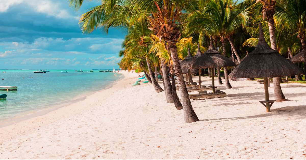 Tropical beach with palm trees, straw umbrellas, white sand, and calm turquoise water with boats in the distance.