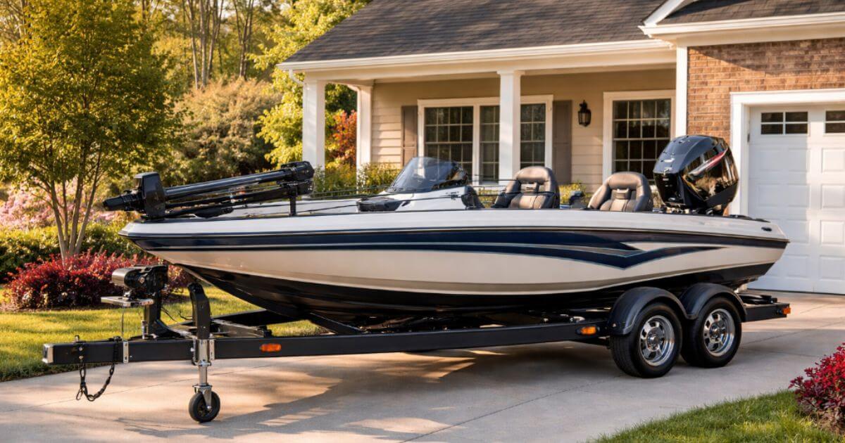 Fishing boat on trailer parked in driveway