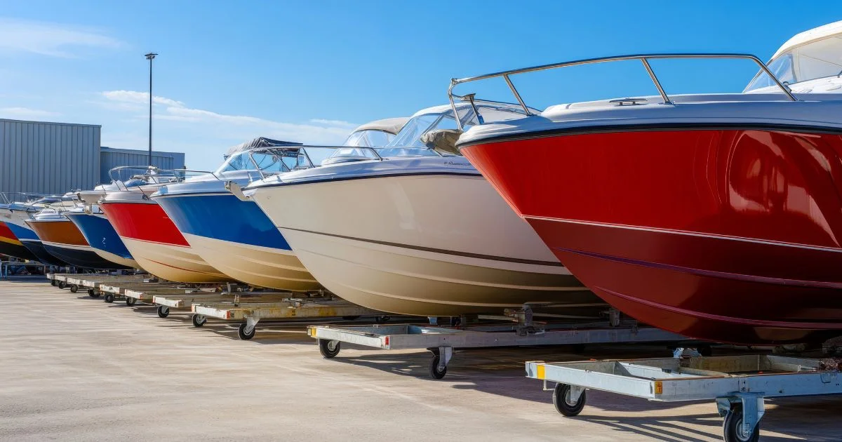 Luxury boats stored on trailers at marina