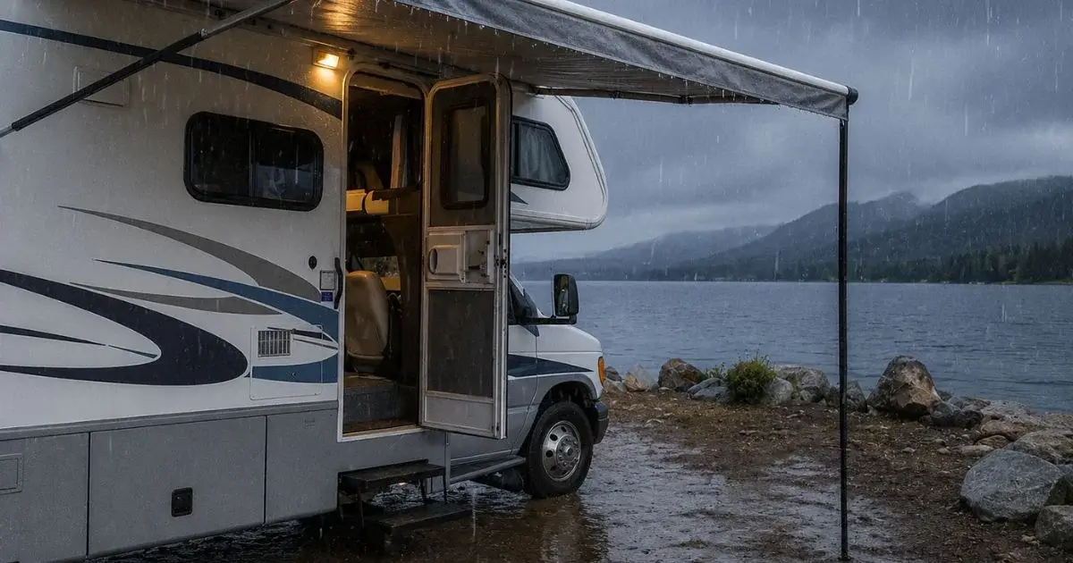 Motorhome camping in heavy rain by lakeside