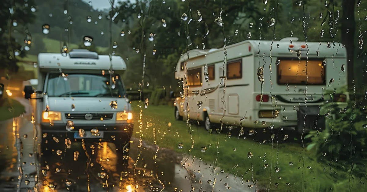 RV park seen through a rain-covered window