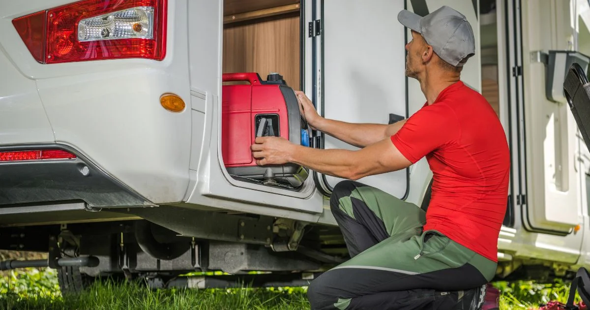 Man loading equipment into an RV storage compartment