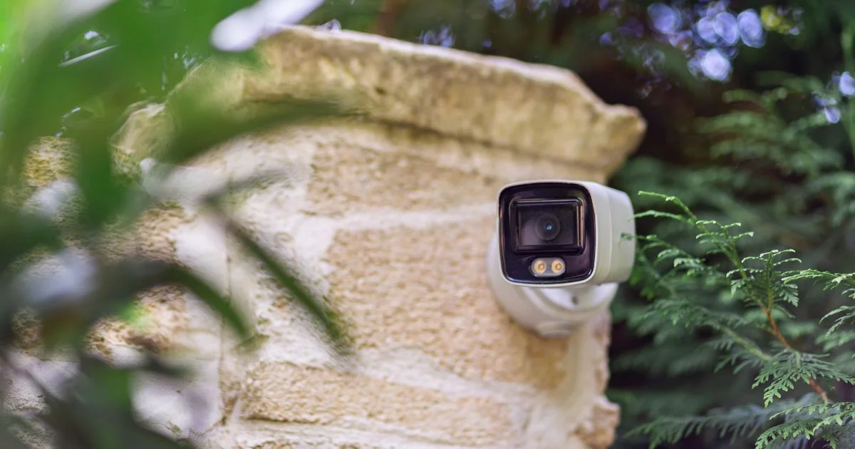 Outdoor security camera mounted on stone wall