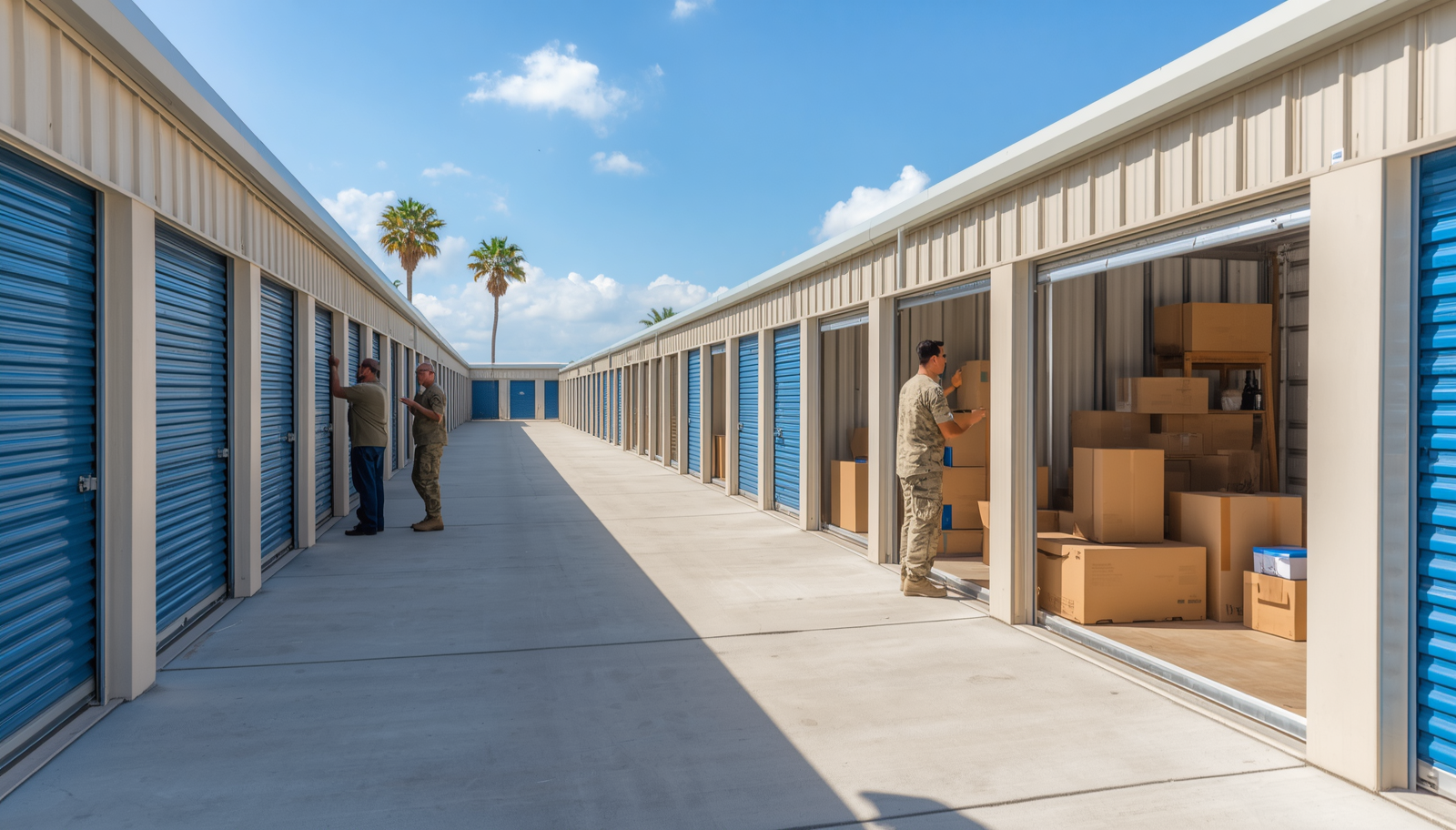 Military personnel organizing household belongings in a self-storage unit before deployment in Fort Walton Beach, FL.