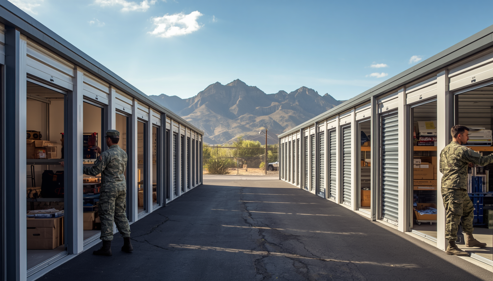 Military personnel organizing belongings in outdoor self-storage units before deployment in Phoenix, AZ
