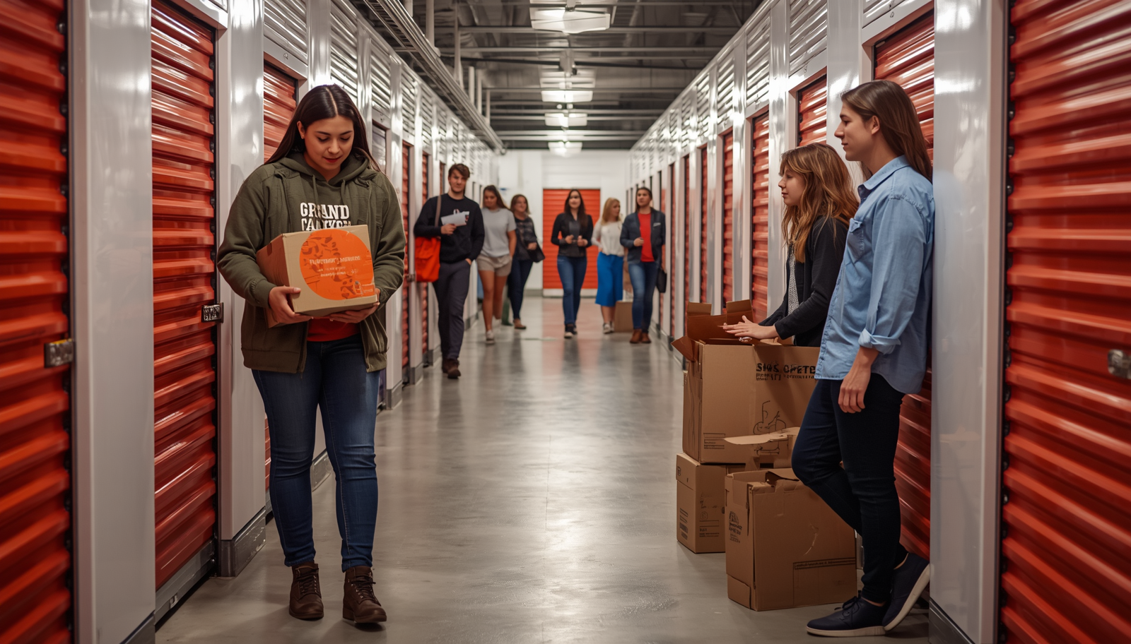 Grand Canyon University students moving boxes into a self-storage unit in Phoenix, AZ during an off-campus apartment transition