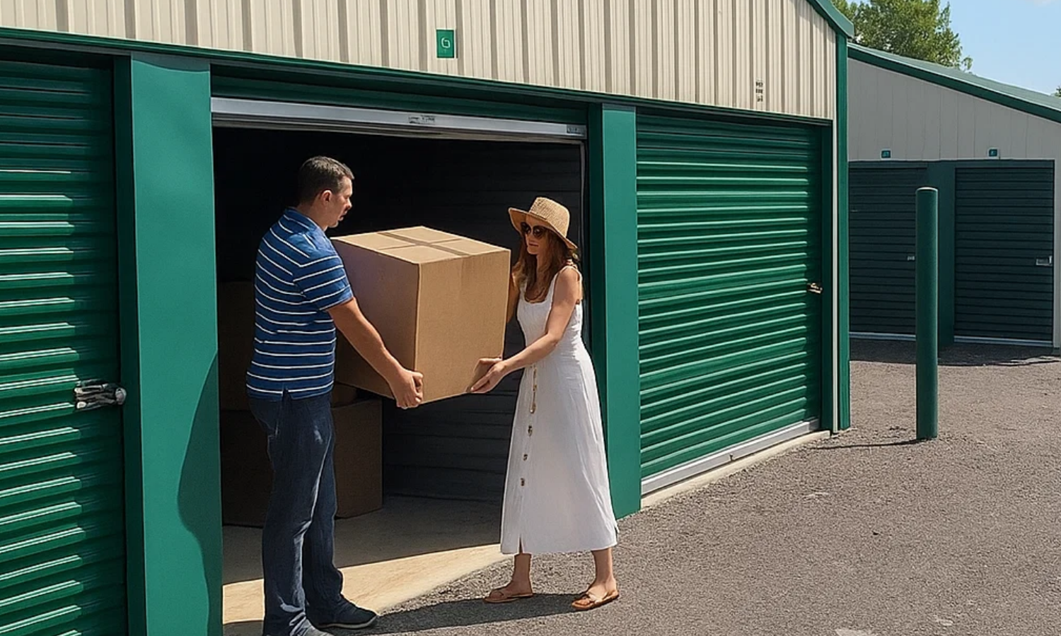 A man and woman lifting a large cardboard box together outside a green roll-up self-storage unit. The woman is wearing a white summer dress and sunhat, and the man is in a striped polo shirt and jeans. Several similar storage units are visible in the background on a sunny day.