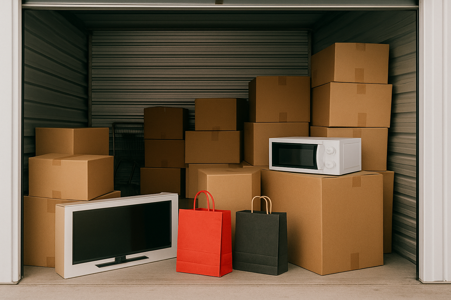 A realistic view of a self storage unit filled with neatly stacked cardboard boxes, a flat-screen TV in its box, a microwave, and two shopping bags on the floor, representing stored Black Friday merchandise.