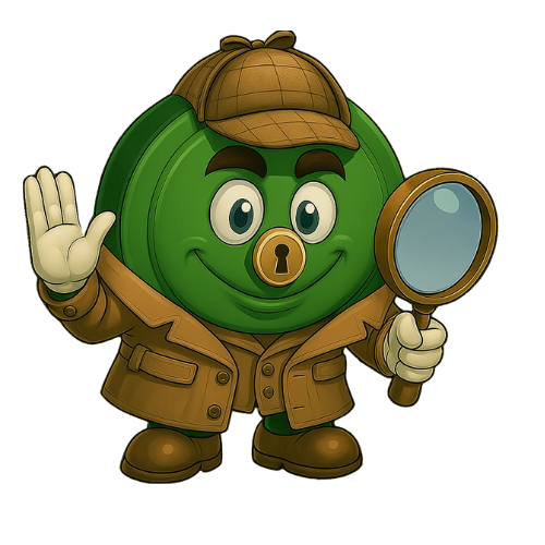 Surelock Homes, the friendly A-Verdi Self Storage mascot, dressed as a detective with a magnifying glass and brown coat.