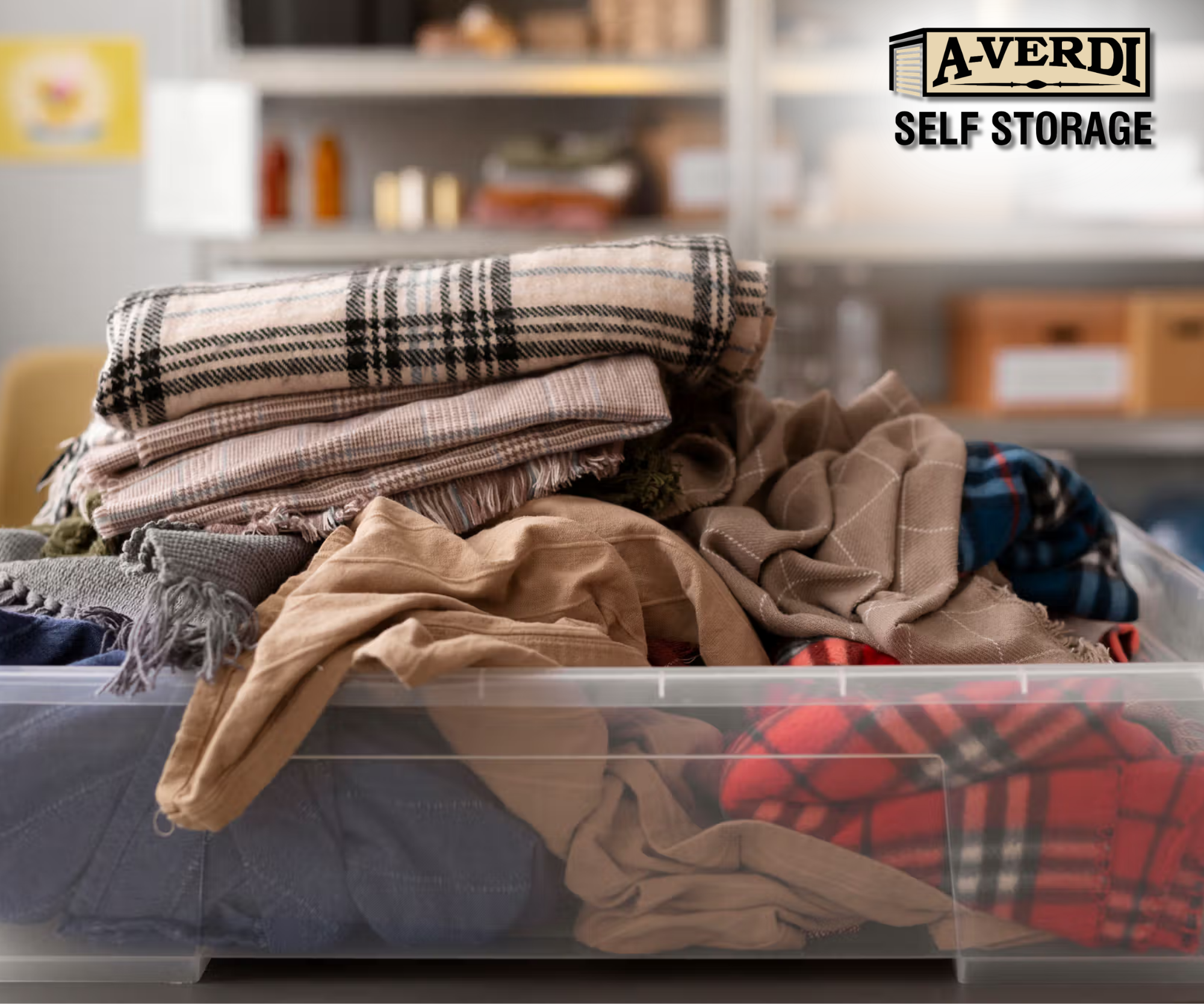 Seasonal Storage: What to Move Out of the House This Spring winter clothing in a clear, plastic storage bin to be packed away for spring