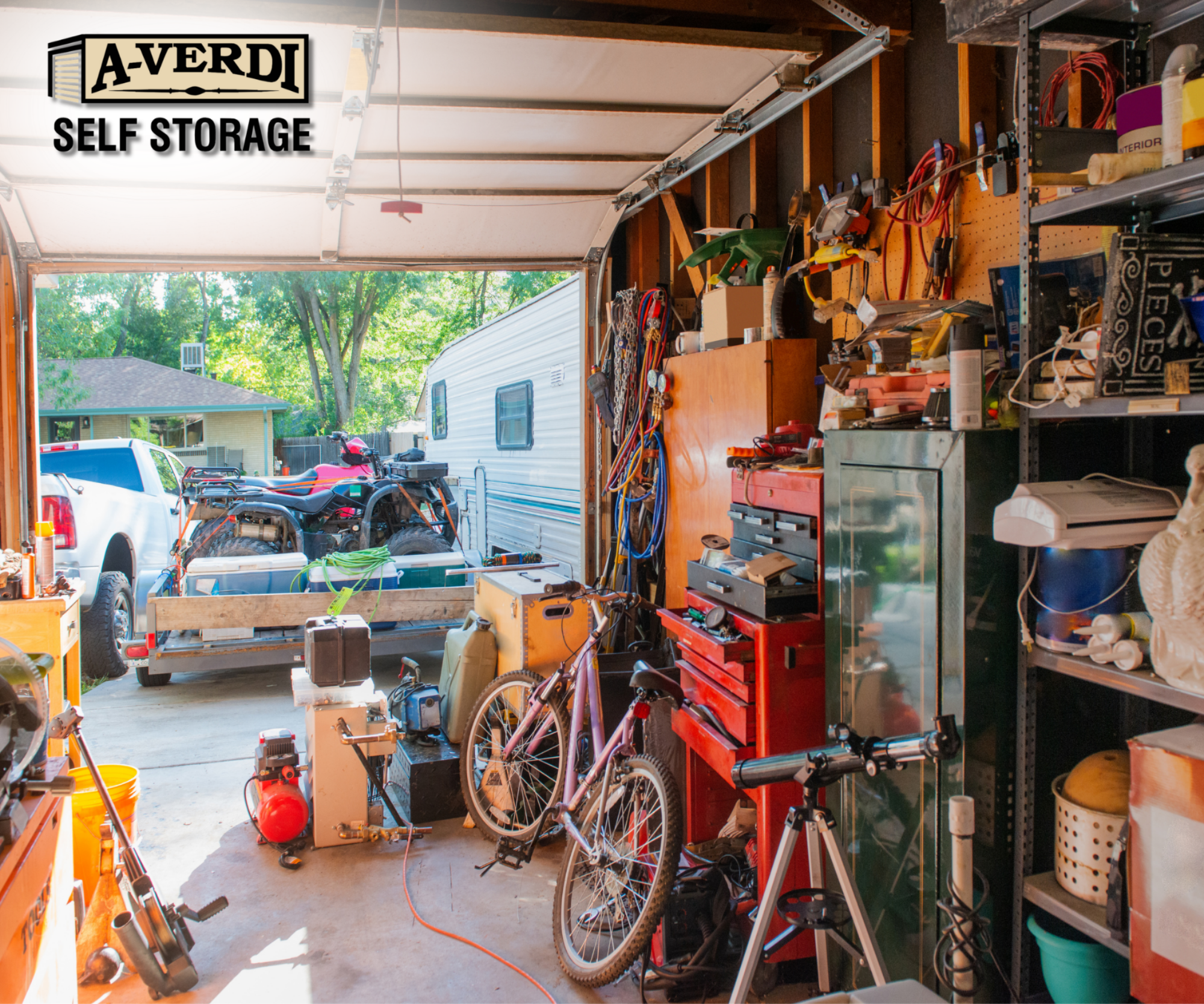 garage with various equipment, gear, and tools
