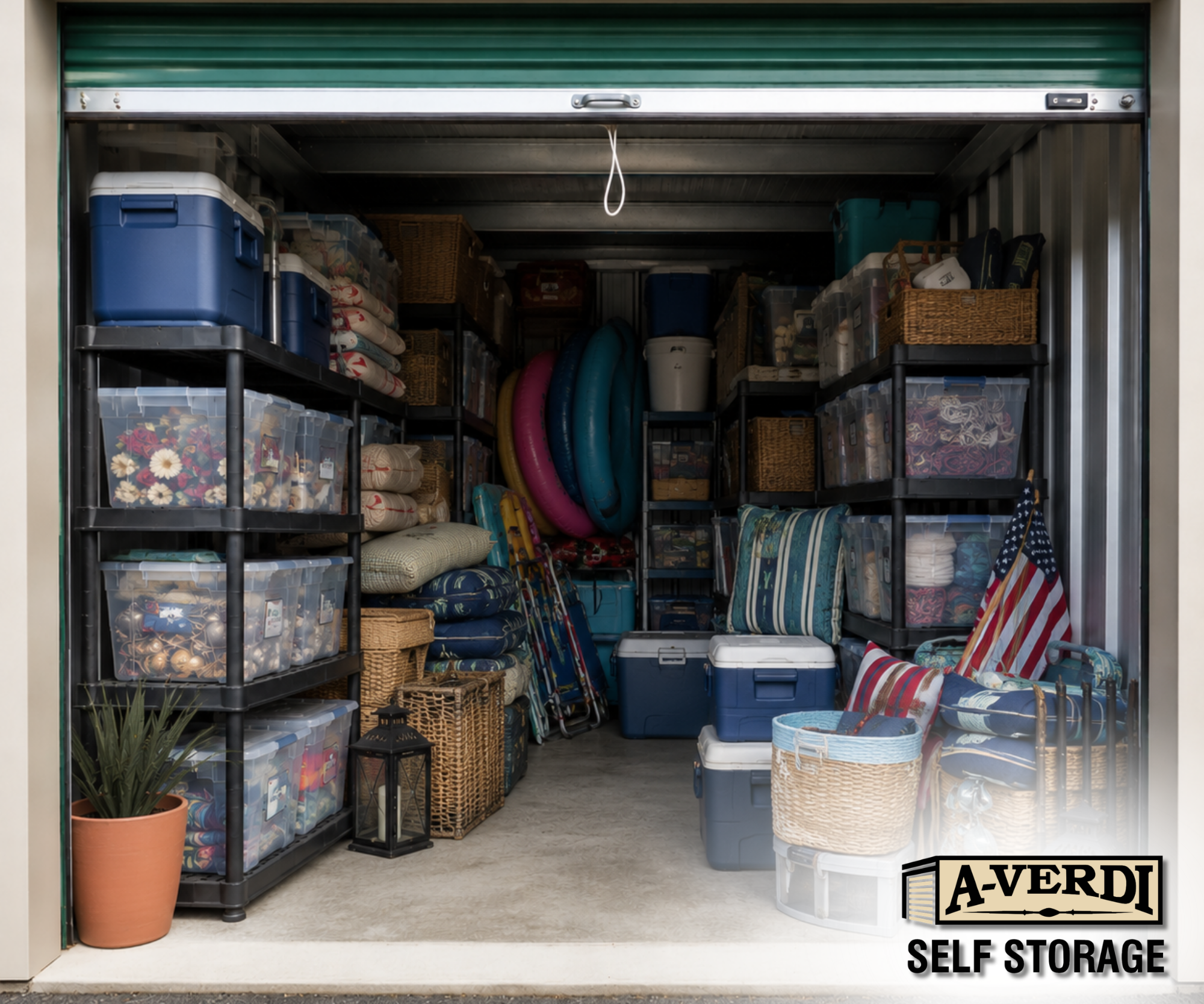 Summer Décor Storage Unit A 10x10 self storage unit packed with summer décor, clear storage bins, pool floats, coolers, baskets, outdoor pillows, lanterns, and patriotic decorations.