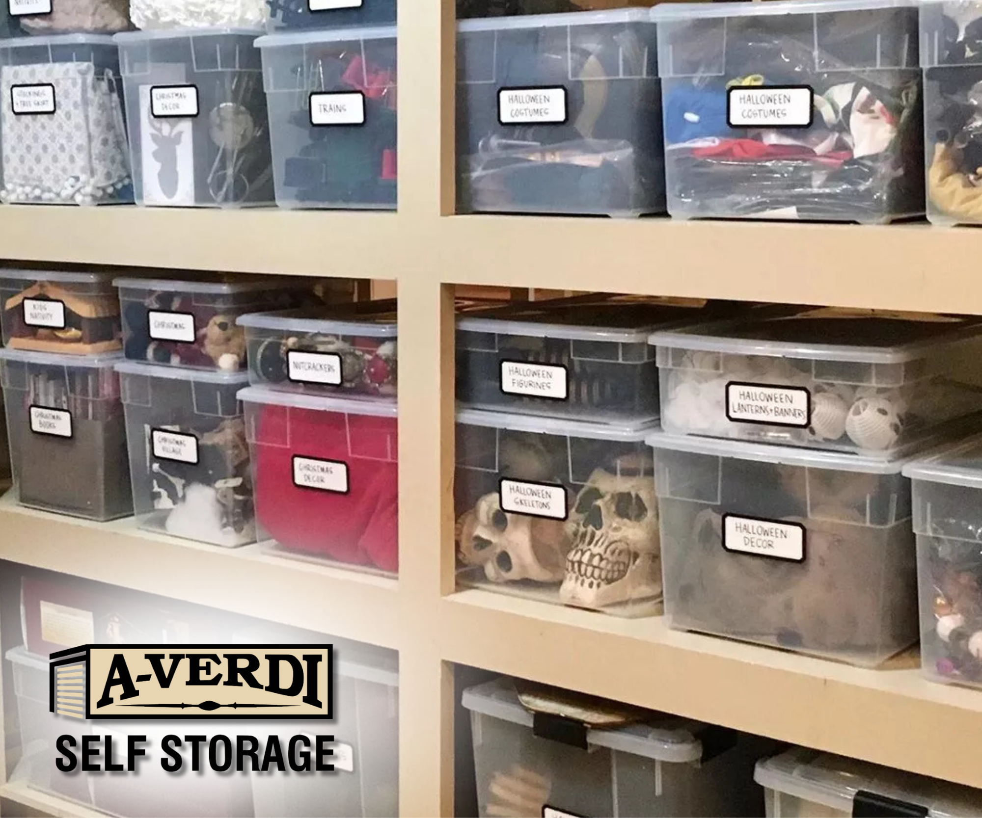 Organizing Business Inventory After the Holiday Rush (Without Losing Your Mind or Your Space) labeled storage bins on shelving in a self-storage unit