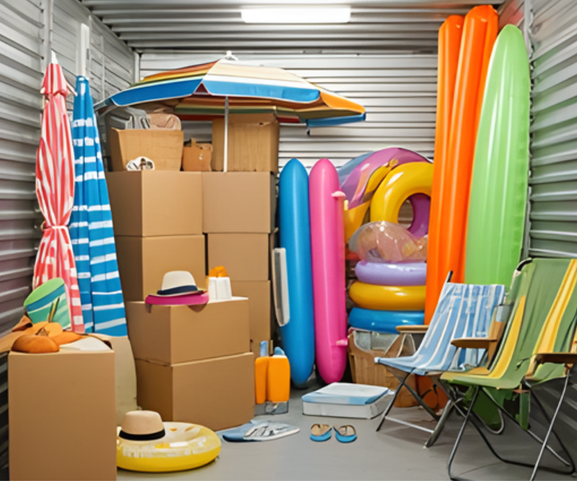 Summer storage unit neatly packed with beach chairs, umbrellas, surfboards, and pool floats at A-Verdi Self Storage