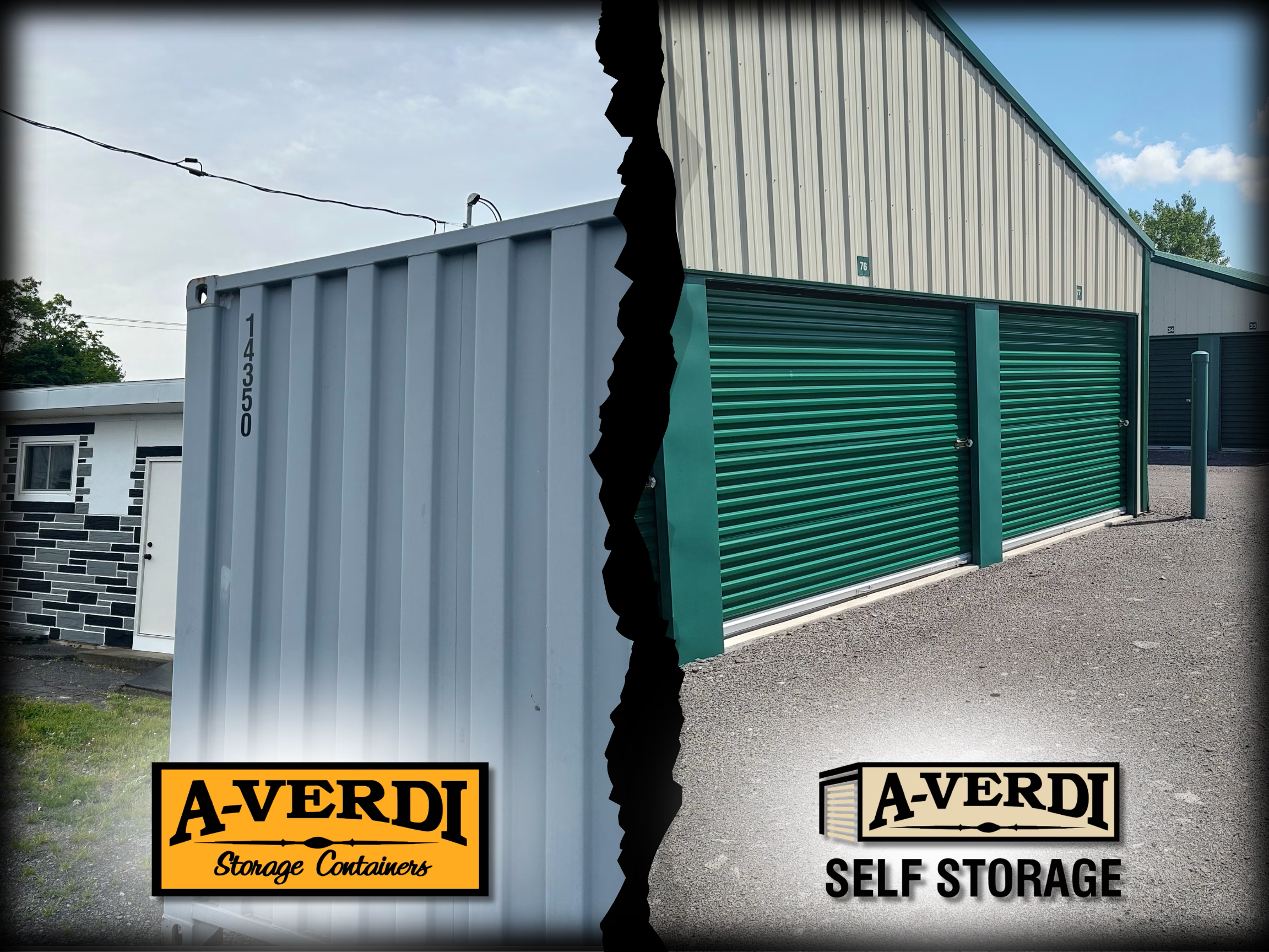Discover All the A-Verdi Storage Solutions Split image showing two types of storage options: on the left, a white A-Verdi storage container placed outdoors, and on the right, a row of A-Verdi self-storage units with green roll-up doors. Both logos are displayed at the bottom.