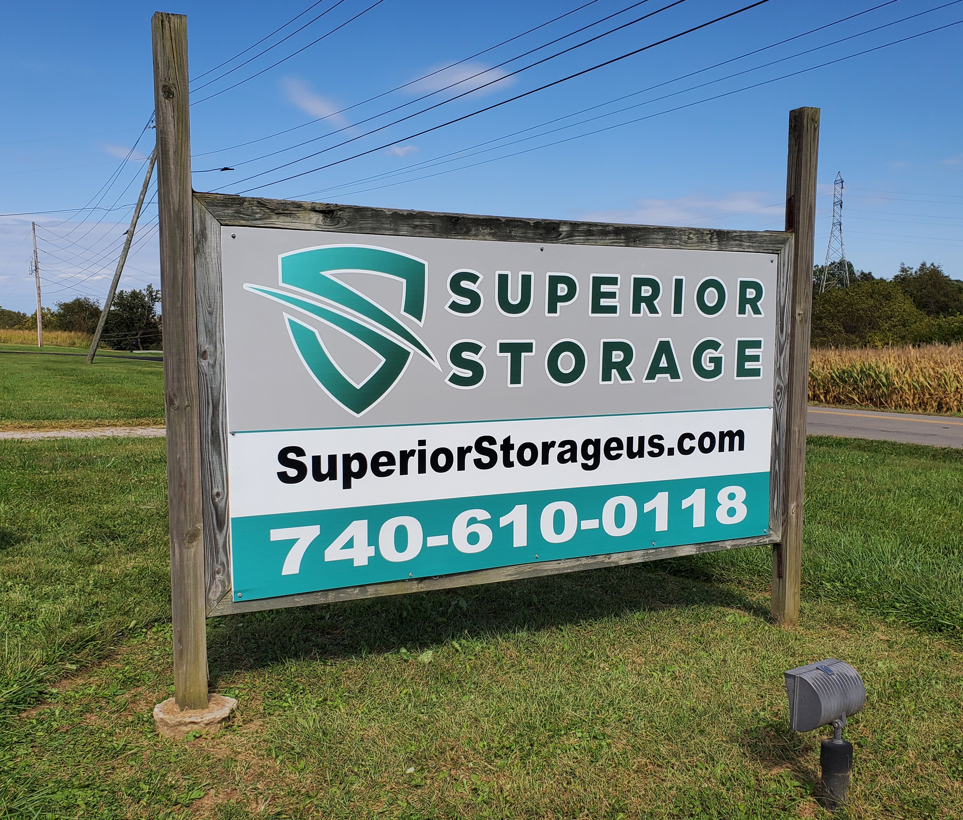 Image of the prominently displayed Superior Storage sign at the Wheelersburg, OH location, featuring bold lettering against a contrasting background, clearly visible from the road.