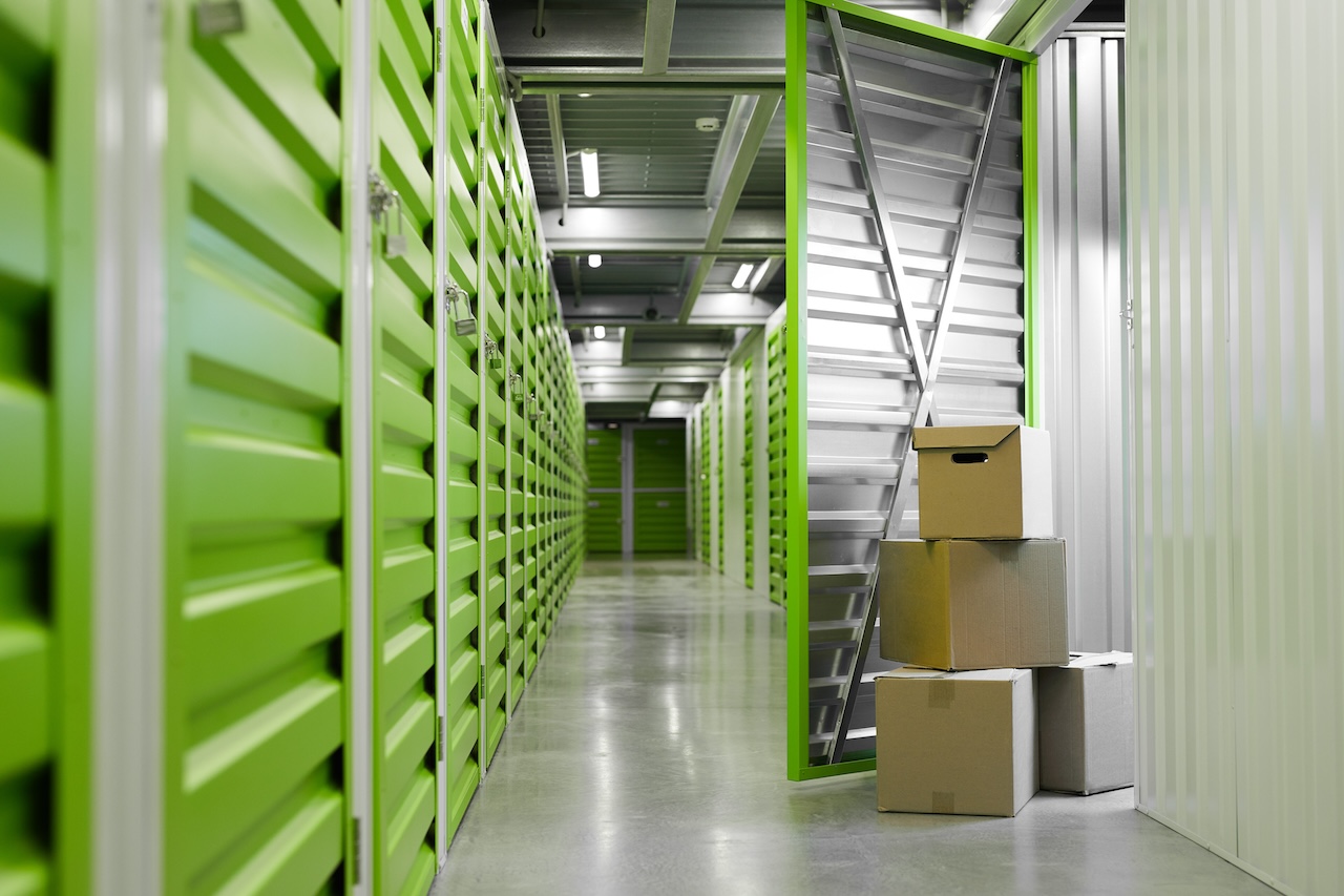 secure storage facility with boxes set in doorway of storage unit