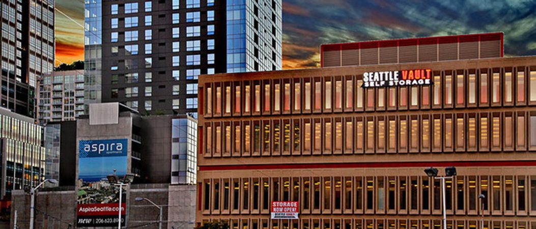 Seattle Vault Self Storage Building at dusk 