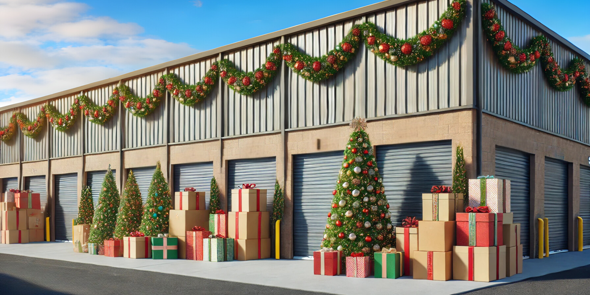 A row of storage units decorated with festive garlands, Christmas trees, and stacks of wrapped holiday gifts in front, creating a cheerful holiday atmosphere