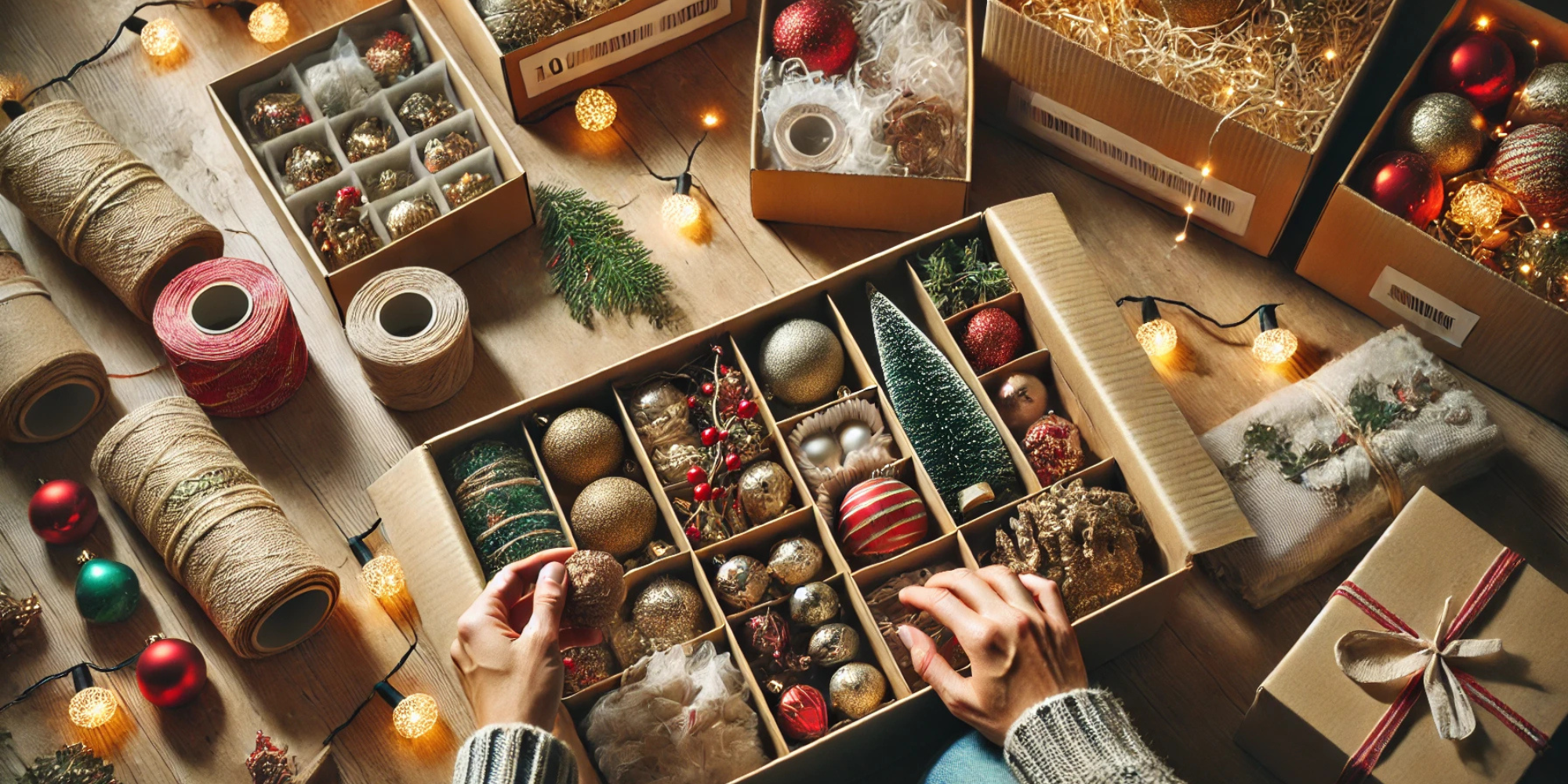 A pair of hands carefully packing Christmas ornaments into a storage box with dividers, surrounded by lights, twine, and other holiday decorations.