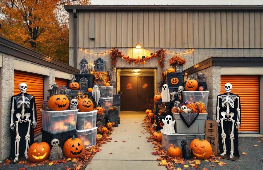 A clutter-free living room with organized Halloween decorations in storage bins, ready for holiday guests, with festive fall accents and a cozy, welcoming atmosphere.