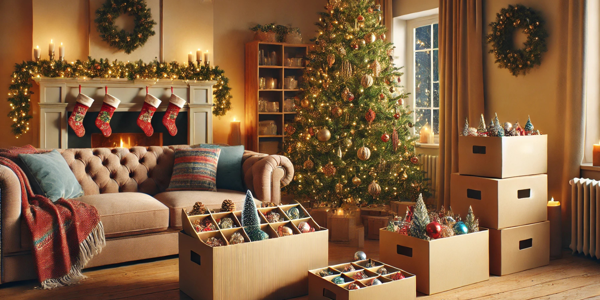 A beautifully decorated living room with a Christmas tree, glowing candles, and shelves filled with wrapped gifts, creating a cozy and festive atmosphere.