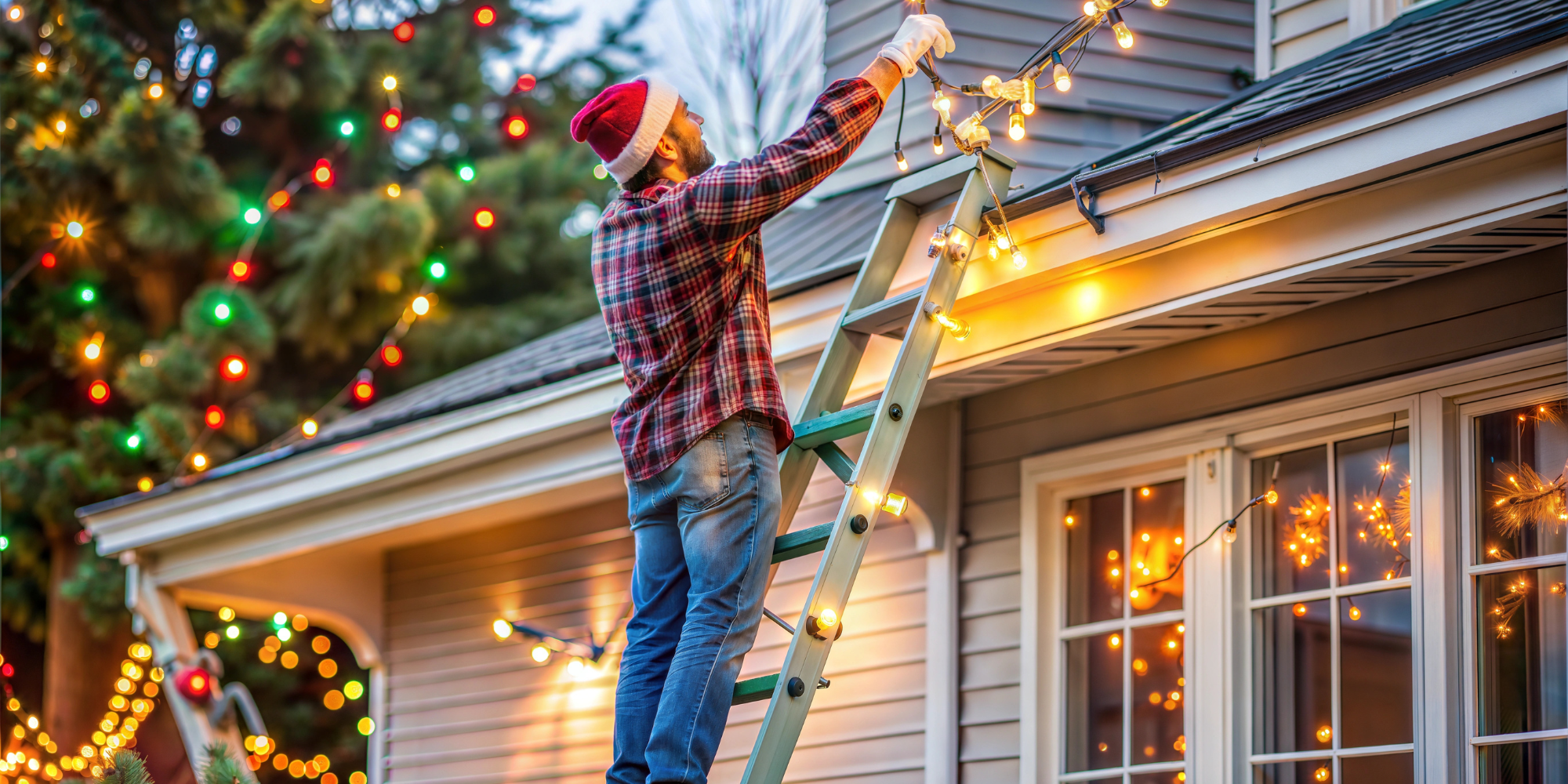 A person wearing a Santa hat carefully stringing Christmas lights on a house, with colorful lights glowing on the tree in the background