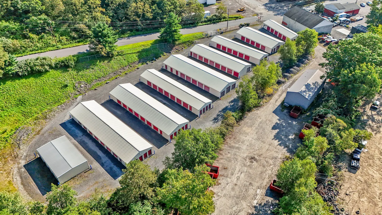 Aerial view of UrbanLock storage facility in Scranton showing organized rows of drive-up accessible storage units with convenient access lanes between buildings