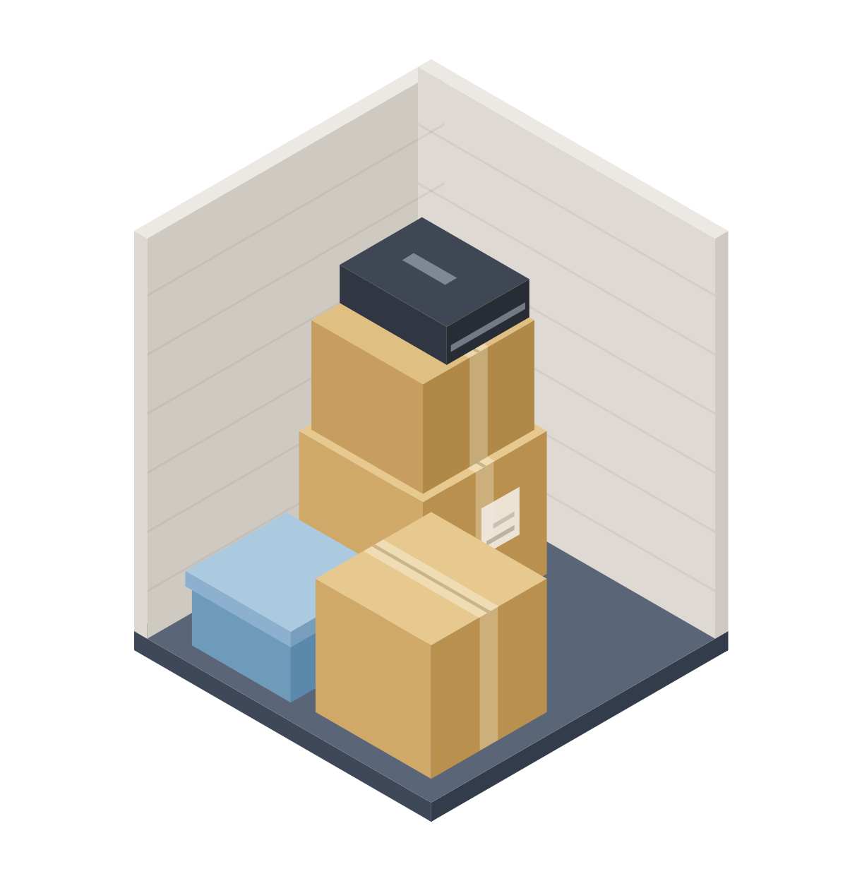 Illustration showing how much fits in a 5x5 self-storage unit, with stacked boxes, furniture, and household items at UrbanLock Storage