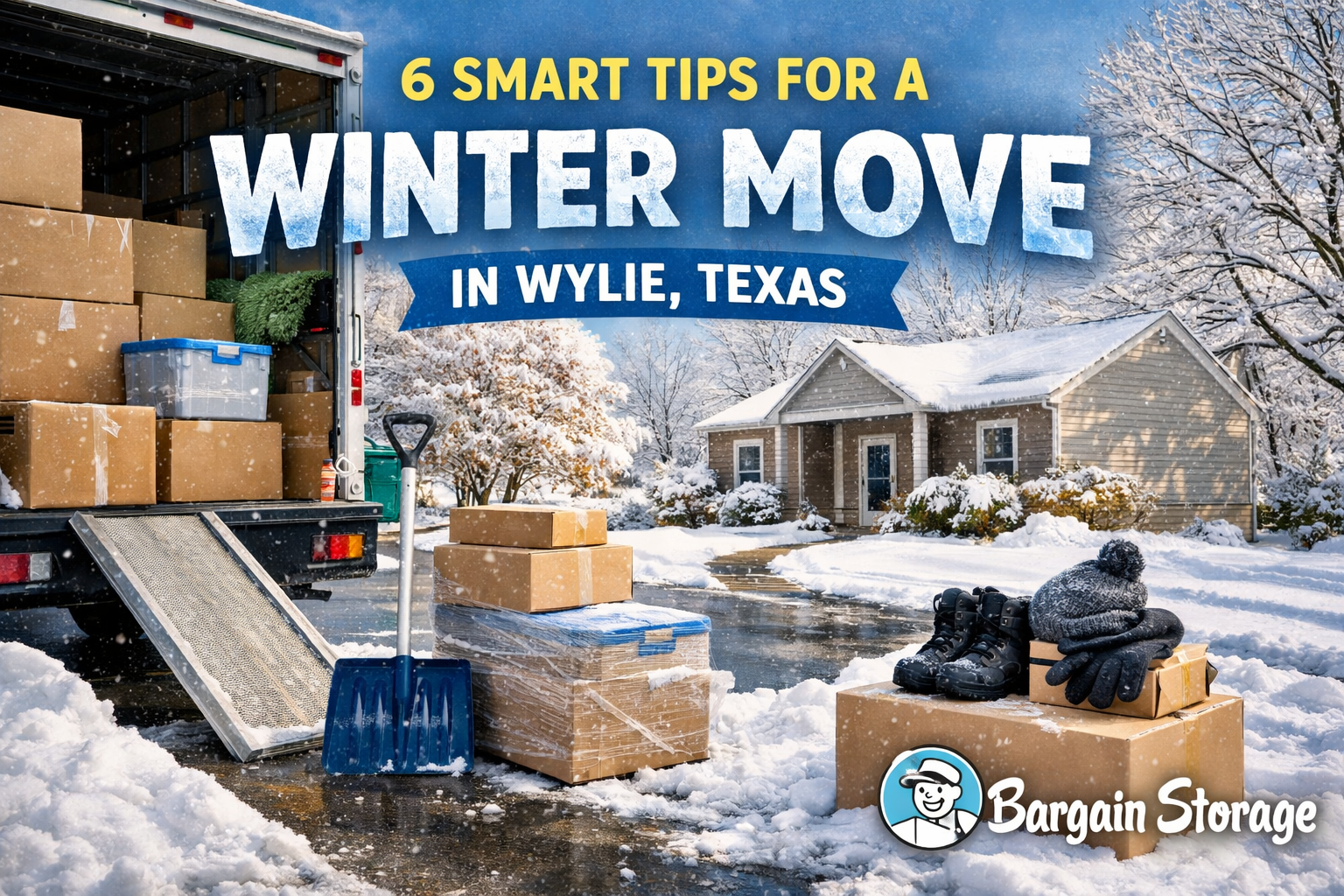 Winter moving scene in Wylie, Texas with a moving truck, stacked boxes, snow-covered driveway, and Bargain Storage branding highlighting six smart tips for a winter move.