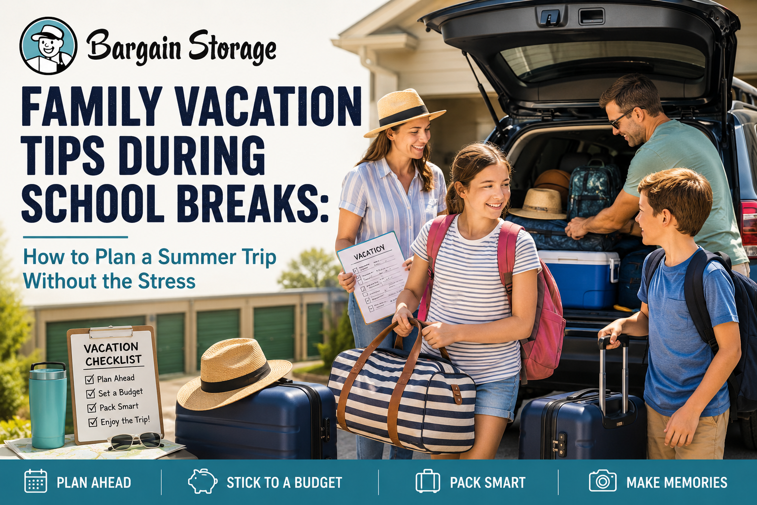 Family Vacation Tips During School Breaks | How to Plan a Summer Trip | Bargain Storage Happy family loading luggage into an SUV for a summer road trip, with a vacation planning checklist, illustrating family vacation tips for school breaks in Wylie, TX