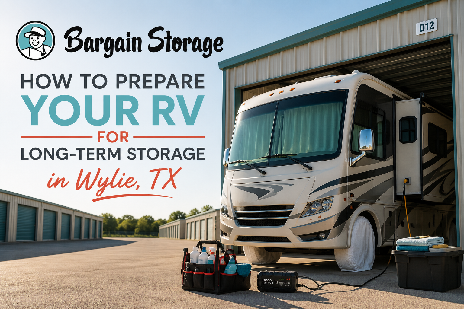 RV parked in an enclosed storage garage at Wylie Bargain Storage, with cleaning supplies and a battery charger, being prepped for long-term storage