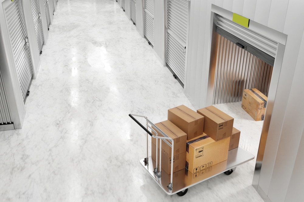 Open Storage Unit with Boxes on Cart