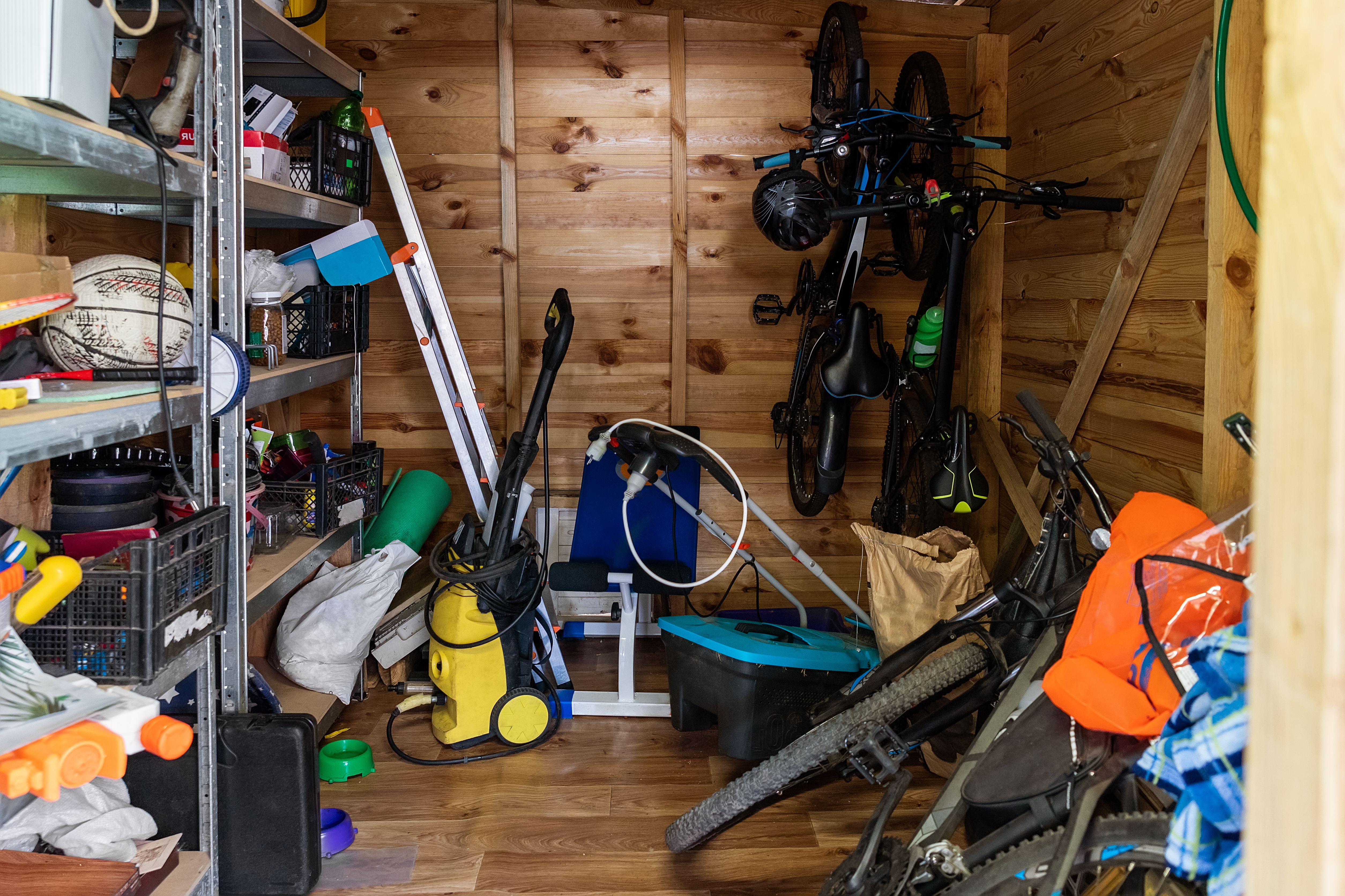 Home shed cluttered with seasonal items