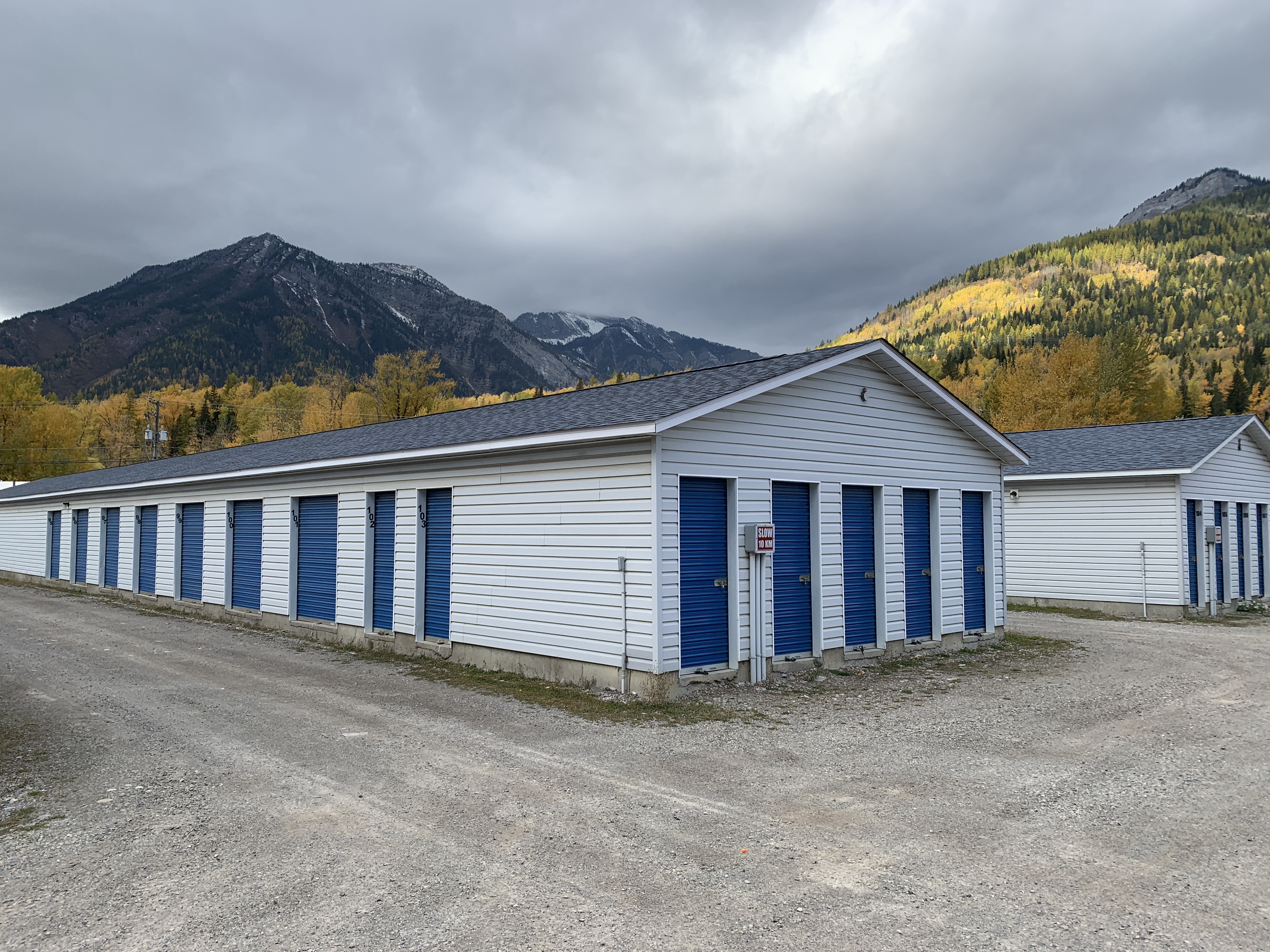 two self storage buildings with drive up access units
