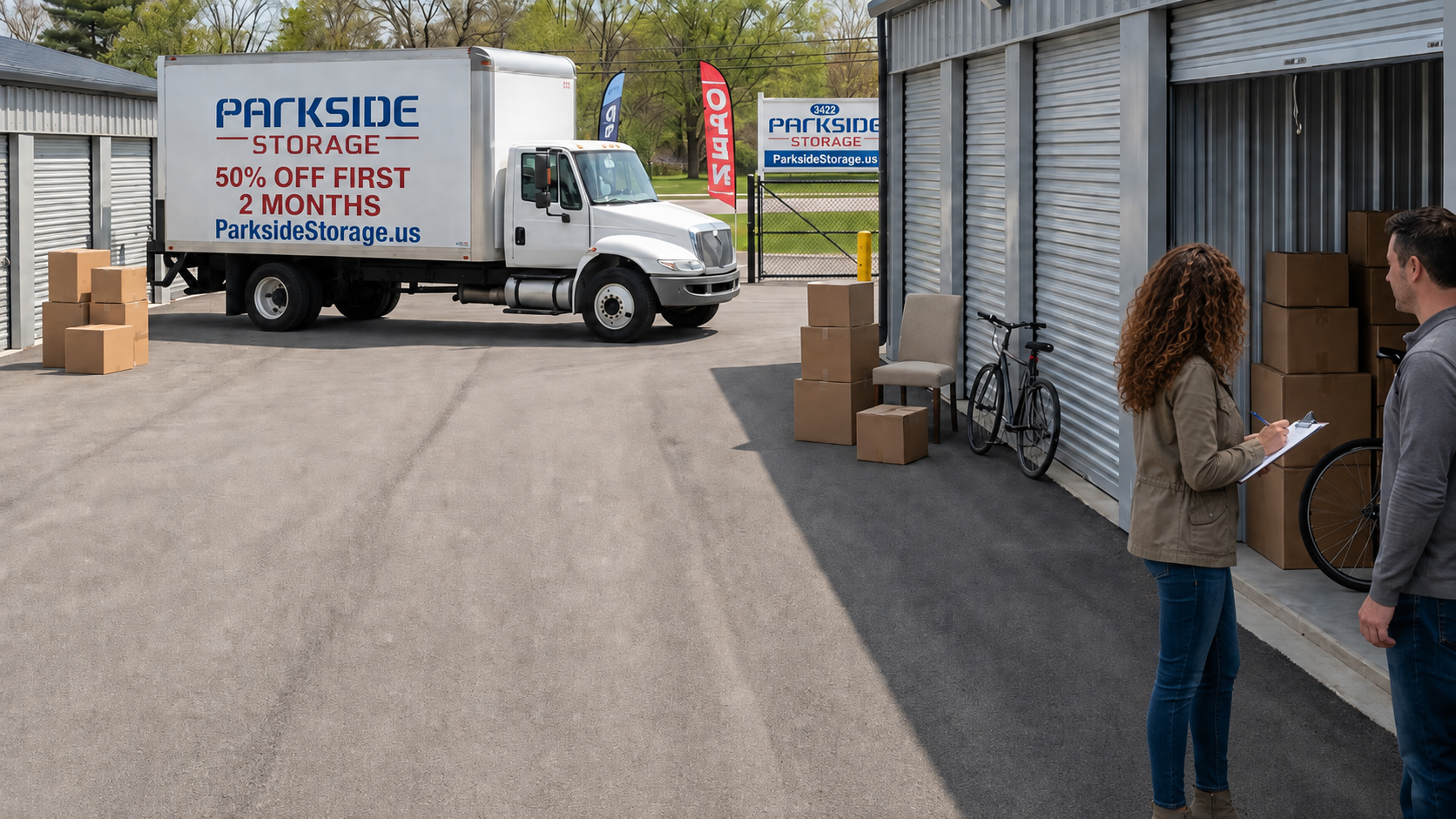 Built for the Job: Self Storage for Tradesmen and Small Businesses around Cuyahoga Falls. A woman signing her rental lease at Parkside Storage while unloading her boxes into the storage unit.