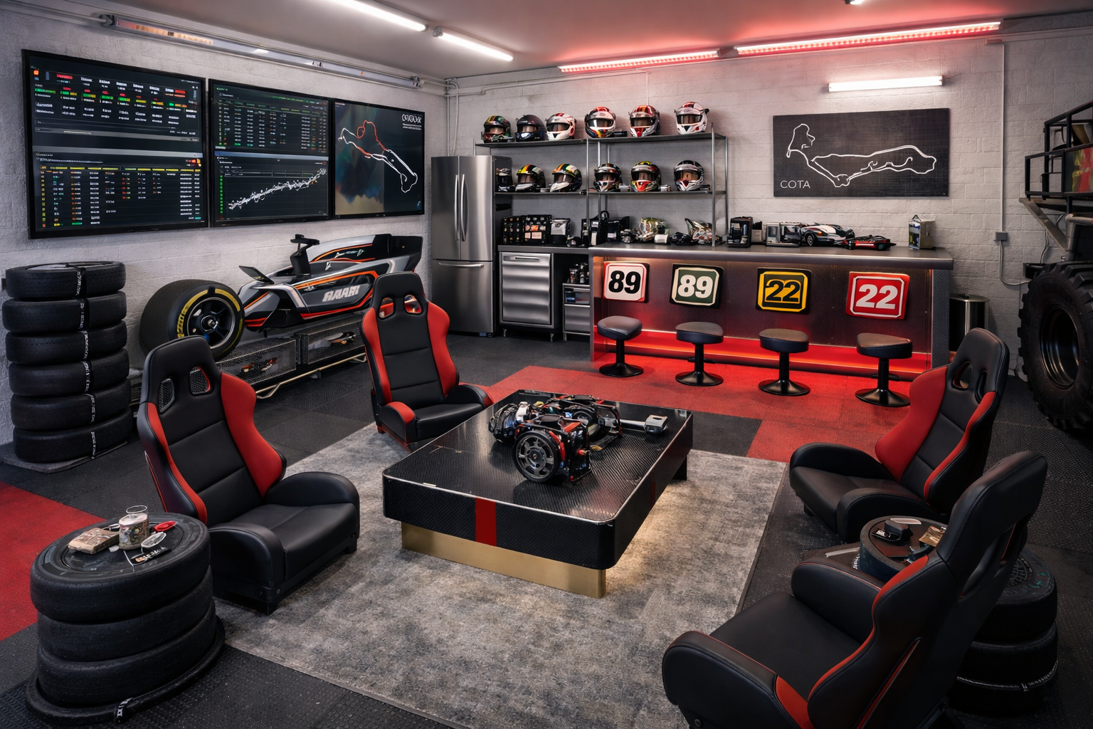 Custom Formula 1 inspired man cave inside a climate-controlled RV storage unit at MetroMaxx with racing seats, display monitors, bar, and private garage space.
