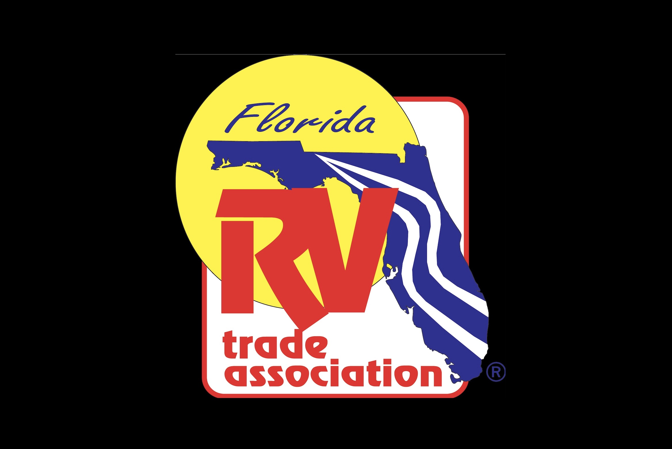 Logo of the Florida RV Trade Association featuring a yellow circle with a blue silhouette of the state of Florida over it, white diagonal stripes on the Florida shape, the word 'Florida' in blue script above, large red letters 'RV' overlapping the state, and 'trade association' in smaller red letters below, all framed by a rounded red rectangle.