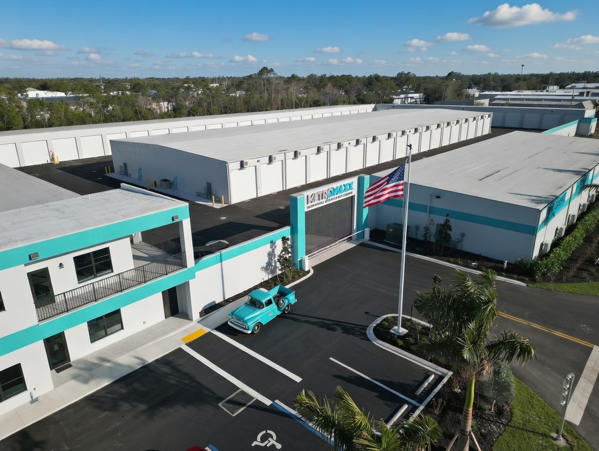 MetroMaxx RV & Boat Storage Facility Entrance | Fort Myers Florida Aerial view of MetroMaxx RV and Boat Storage facility entrance with office building, secure gated access, and climate-controlled storage units in Fort Myers, Florida.